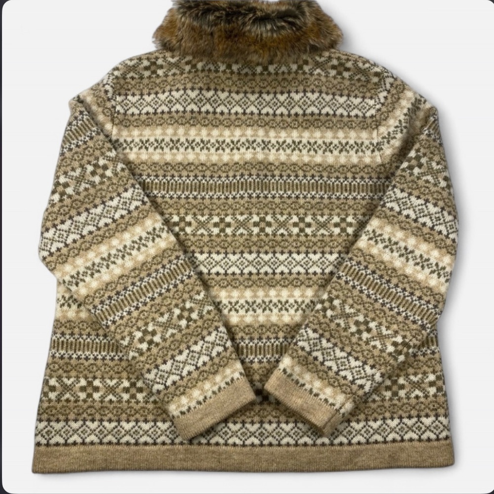 Susan Bristol Women’s Zip-Up Sweater with Faux Fur Trim Tan 100% Wool Size XL - Picture 2 of 10
